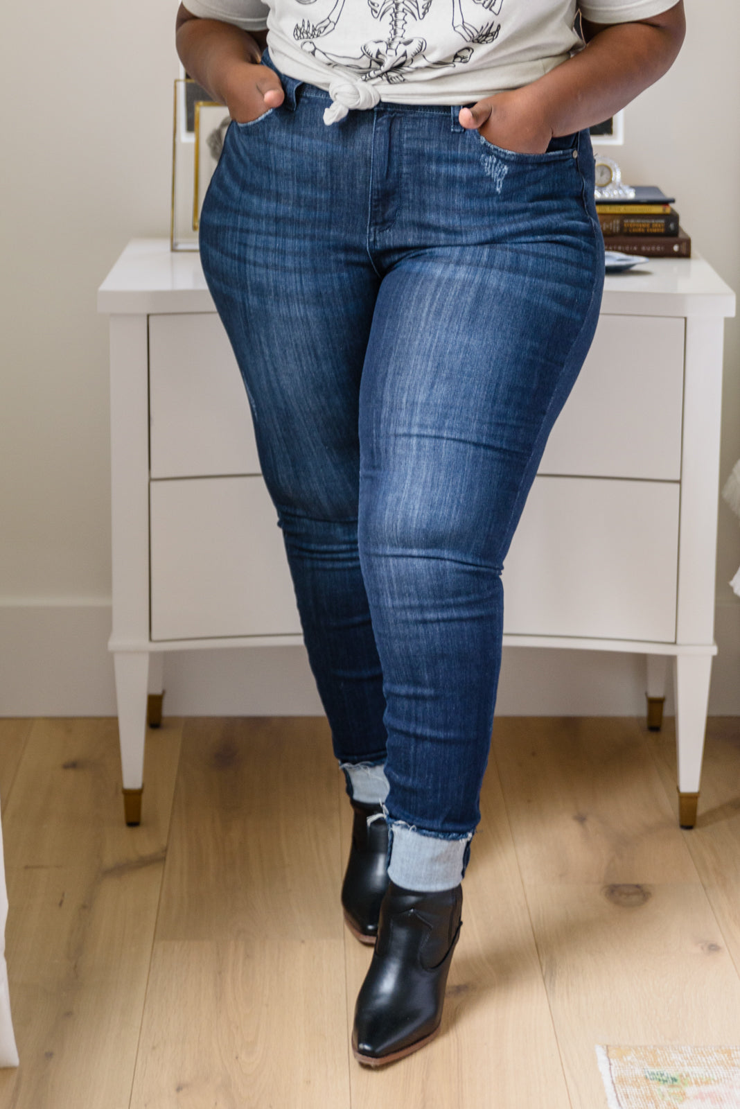 Maeve Mid-Rise Dark Wash Cuffed Skinny Jeans