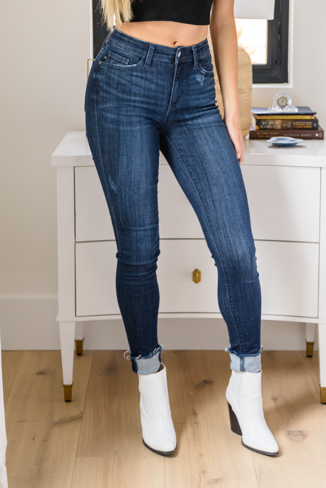 Maeve Mid-Rise Dark Wash Cuffed Skinny Jeans