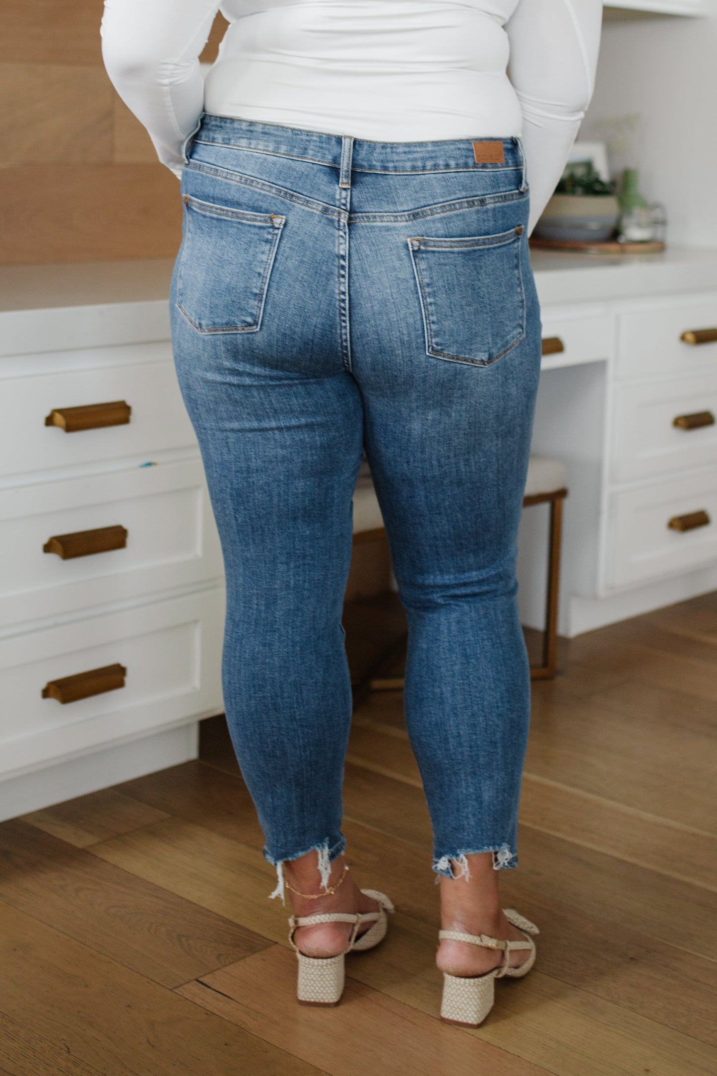 Midrise Destructed Hem Slim Fit Jeans