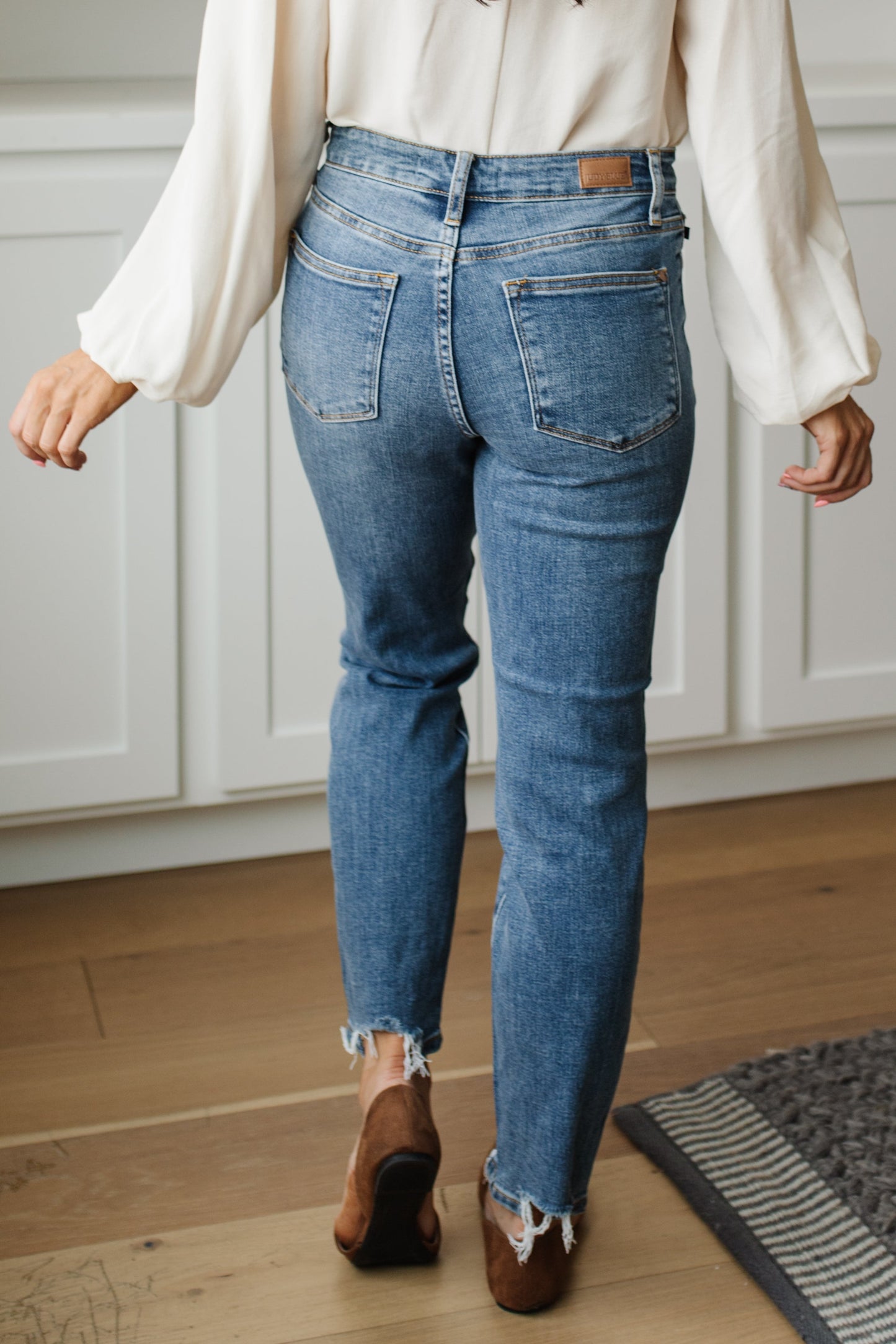 Midrise Destructed Hem Slim Fit Jeans